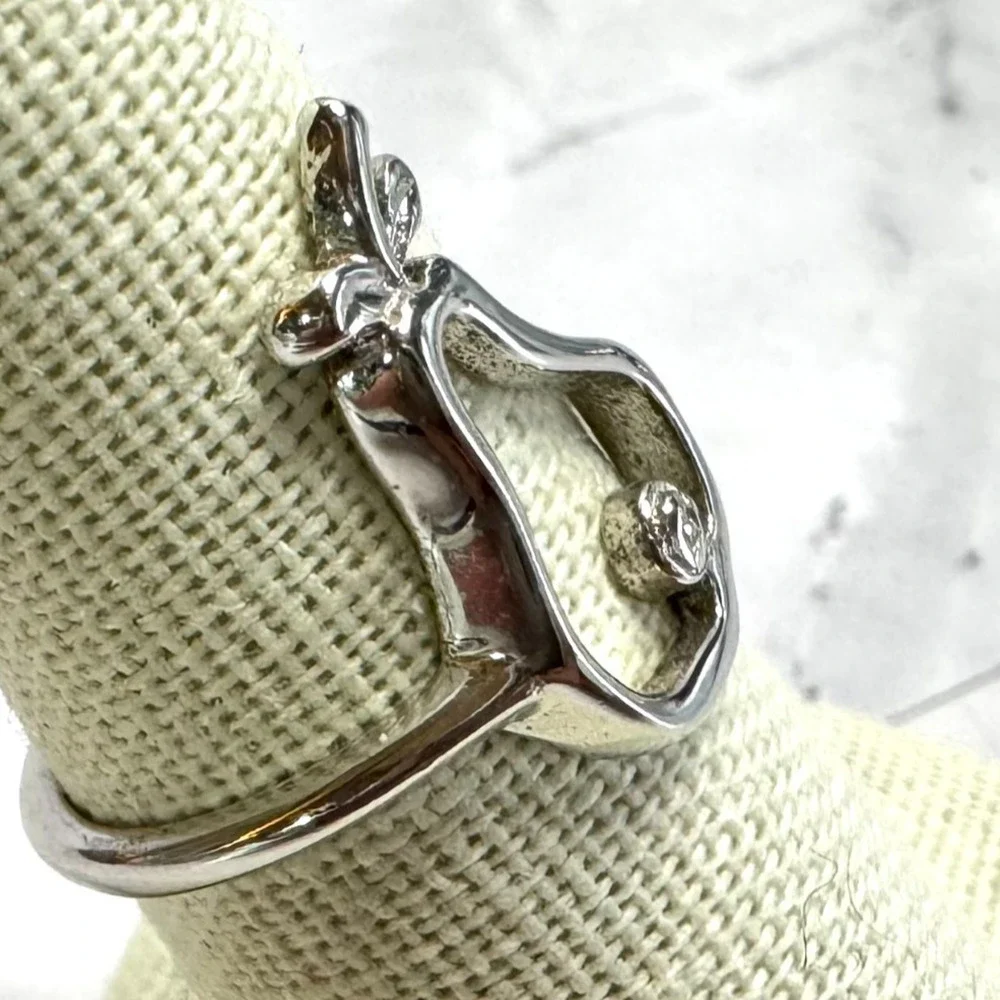 Sterling Silver Pear Ring Size 6 3/4 Fertility Symbol Open Work 925 Rhinestone